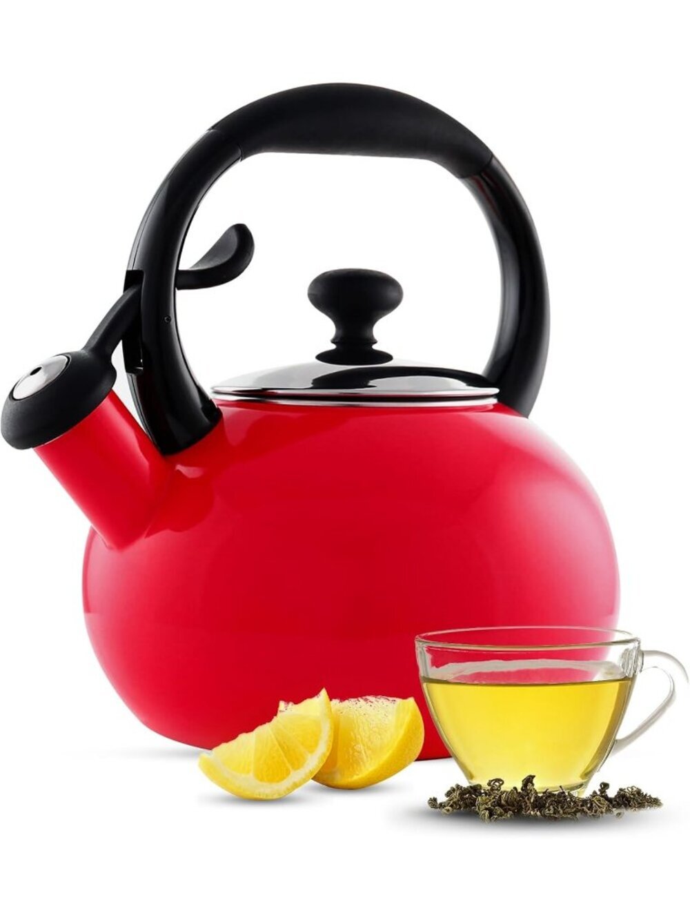 Red Whistling Tea kettle 1.8 QT  Premium Enamel on Carbon Steel Stovetop Pot